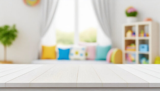 Wooden desk on blurred interior background of children's room or kindergarten, montage of products and space for text
