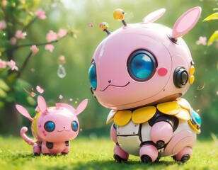 In a soft focus scene, a large pink robotic bunny and its tiny counterpart are set against a backdrop of delicate spring blossoms.