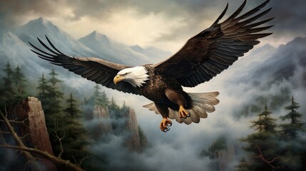 Obraz premium An awe-inspiring image of a bald eagle in flight over a foggy, densely forested landscape with towering cliffs and distant mountains