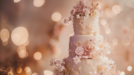 Luxurious wedding cake adorned with flowers and pearls, set against a bokeh background. Perfect for upscale bakery marketing and bridal magazines.