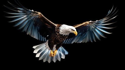 An impressive digital artwork of an American eagle mid-flight with elaborate blue-tinted wings against a dark backdrop - obrazy, fototapety, plakaty