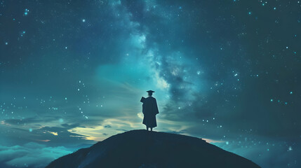 A graduate in a gown stands under a vast starlit sky, contemplating the endless possibilities after graduation.
