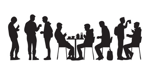Silhouette of a group of workers enjoying a break together. Businessman silhouette in cafe vector illustration 
