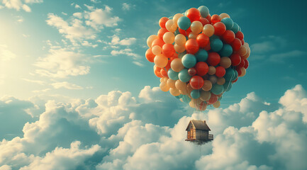 Whimsical House Floating with Balloons - obrazy, fototapety, plakaty