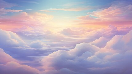 Mystical digital art of a soft pastel-hued sunset amidst fluffy clouds resonates with peace and dreamlike serenity - obrazy, fototapety, plakaty