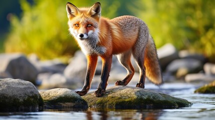 Naklejka na ściany i meble A wild red fox carefully treading on smooth river stones surrounded by greenery, depicting wilderness and adaptation