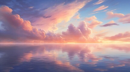 A breathtaking view of a vivid sunset with dramatic clouds reflected over a calm sea, invoking a...
