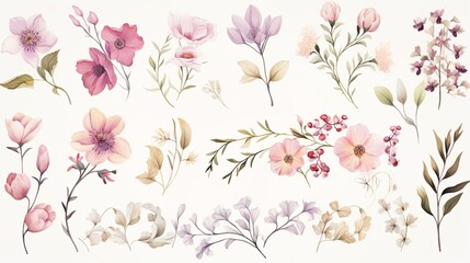 Set of gentle floral designs with various flowers and leaves painted in watercolors, perfect for invitations and textile designs
