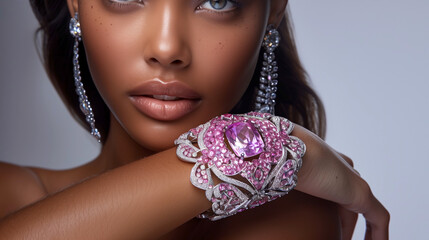 Close-Up of Woman with Majestic Pink Gemstone Cuff Bracelet, Epitome of Luxury
