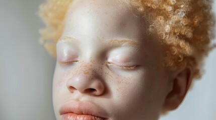 Close-up portrait of a child with albinism, eyes closed, natural light.