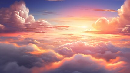 Naklejka na ściany i meble An ethereal cloudscape bathing in the warm hues of an orange sunset, creating a dreamlike atmosphere that invokes wonder and serenity