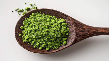 Premium Matcha Powder in Wooden Spoon, Top View of Green Tea Essence