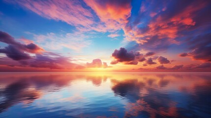 Calm sea provides a mirror reflection for the colorful sunset clouds in a harmonious sky seascape - obrazy, fototapety, plakaty