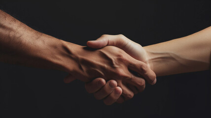 Hand shake close up on dark background, deal, agreement, partnership concept