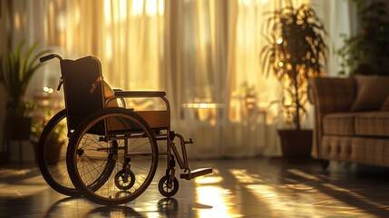 Warm sunlight casting shadows in a room with a wheelchair - obrazy, fototapety, plakaty
