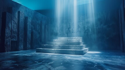 Mystical blue light casting on stone platform
