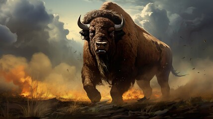 A powerful bison stands resiliently in a landscape engulfed by a m