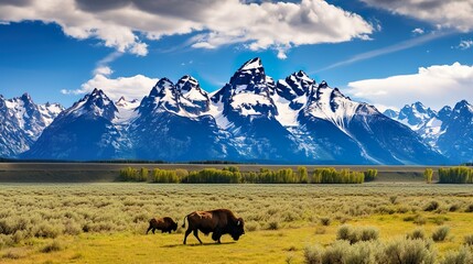 A family of bison moves across the plain under the Grand Teton mo