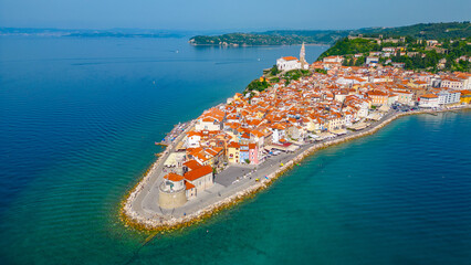 Aerial panorama view of Slovenian town Piran