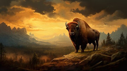 Digital art capturing a bison on a cliff as the sun sets, casting golden hues over the mystical landscape below