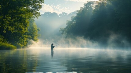 Man Standing in Water Holding Fishing Rod
