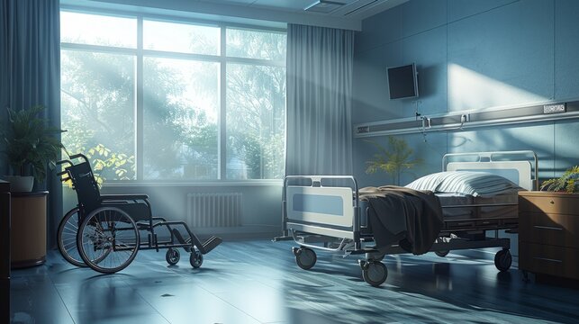 Sunlit hospital room with wheelchair by window
