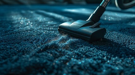 vacuum cleaner leaving a trail on a sunlit blue carpet - obrazy, fototapety, plakaty