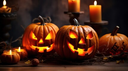 Fototapeta premium Pumpkins and bats on a dark background. Halloween holiday concept.
