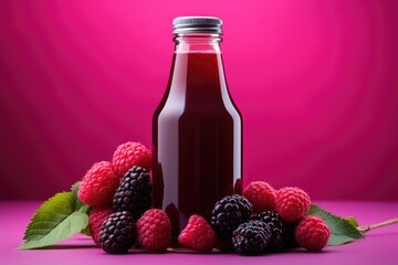 Bottles of fresh raspberry juice and berries lie on a pink background isolated