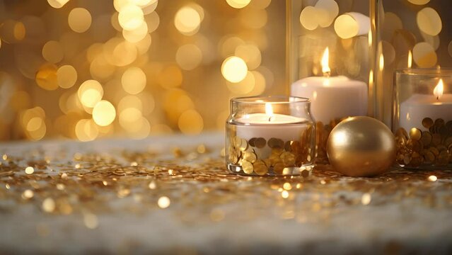 Christmas decoration with candles and golden baubles on shiny surface against blurred lights background