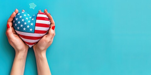 A pair of hands holding an American flag heart-shaped balloon, rising against a clear blue backdrop - obrazy, fototapety, plakaty