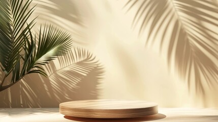 Obraz premium A wooden pedestal podium set against a beige wall background, adorned with palm leaves casting shadows, perfect for product presentations and displays