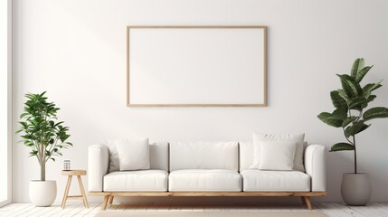A contemporary and minimalistic living room design, centering on a white sofa and a large blank frame