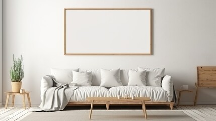 This image displays a well-arranged living room with a large blank wooden frame above a comfortable white sofa set, amidst a setting exuding contemporary charm