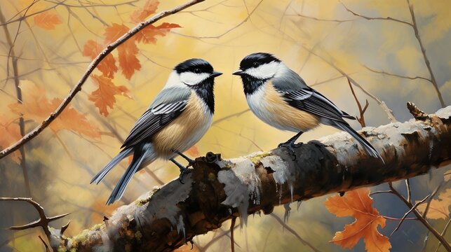 Two chickadees share a moment on a birch tree, symbolizing companionship amid the beauty of fall