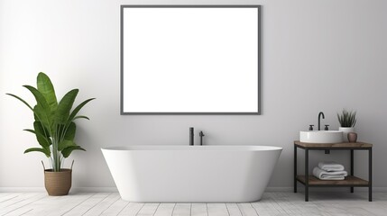 Minimalist white bathroom with freestanding bathtub and ready-to-hang blank frame on wall