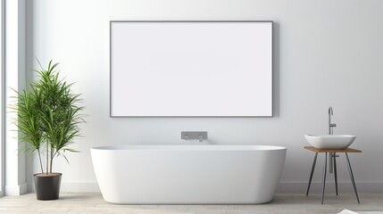 A sunlit bathroom with a freestanding bathtub, potted green plant, and an empty picture frame on the wall, depicts a peaceful ambiance