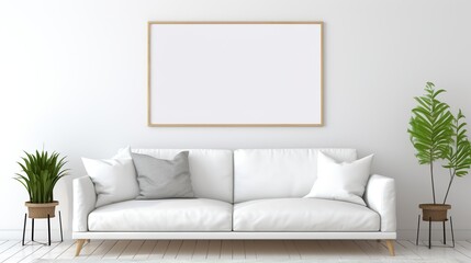 A warmly lit living room showcasing a comfortable white sofa, decorative plants, and a blank picture frame above, inviting and stylish