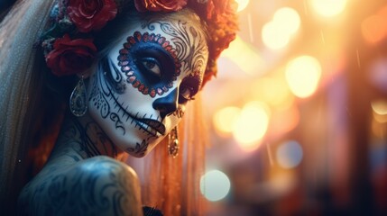 A captivating blend of beauty and horror at the Mardi Gras festival-a girl in sugar skull style makeup, a celebration of life and death. - obrazy, fototapety, plakaty