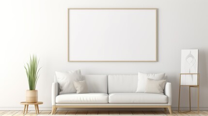 This stylish living room scene highlights a pristine white sofa accented by a blank frame, ready for artistic expression or branding