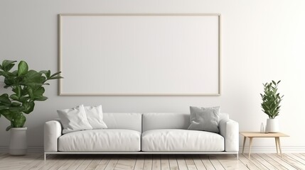 The image displays an open, airy living space with a white sofa and an empty frame, suggesting a space for creativity and personalization