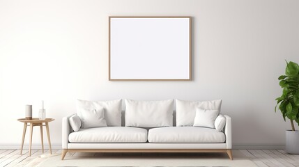 The image captures a modern living space with a comfortable couch and a blank picture frame for showcasing art or marketing