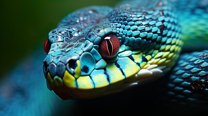 Fototapeta premium This image captures the intricate details and vivid colors of a snake's scales, with a focus on its captivating eye
