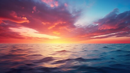 The ocean's horizon is set ablaze with a dramatic sunset sky, reflecting on the endless sea below