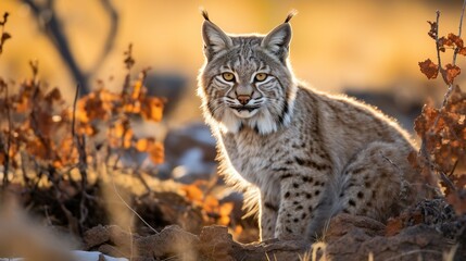 Beautiful rendering of a bobcat with piercing eyes calmly sitting amongst the contrasting colors of fall leaves