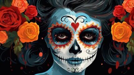 Festive craftsmanship in focus: A painted portrait of a girl wearing sugar skull makeup is an adorable Mardi Gras image.