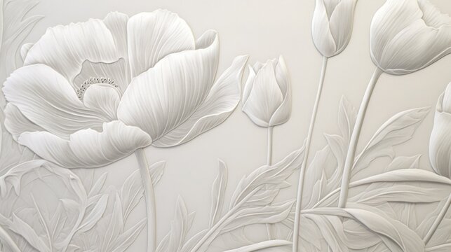 Tone-on-tone, bas relief depiction of poppies in gray