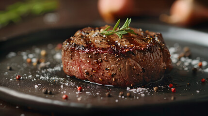 Succulent Steak on Black Plate. Generative AI