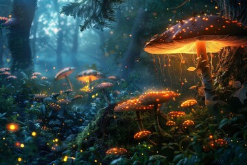 Mythical creatures of all shapes and sizes inhabiting a mystical forest blanketed with luminescent mushrooms. - obrazy, fototapety, plakaty