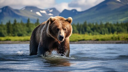 A dynamic image of a brown bear making its way through a river with a stunning mountain range in the background